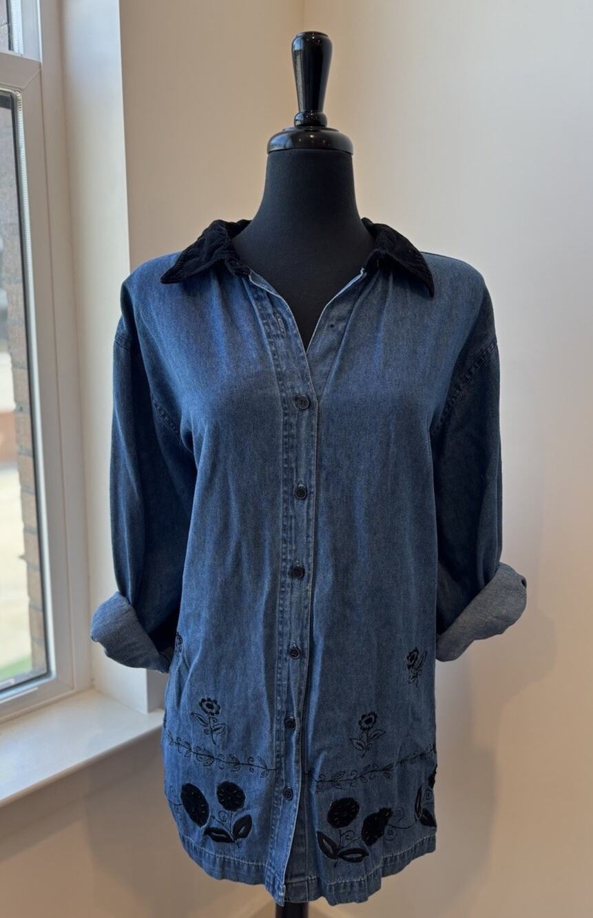 Cotton Works Denim Button Up Black Floral Embroider Shirt Sz 18 Velvet Collar